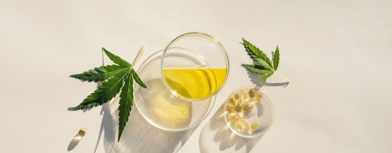Hemp,Leaves,,Cbd,Oil,And,Cannabidiol,Capsules,,Natural,Cosmetic,Background